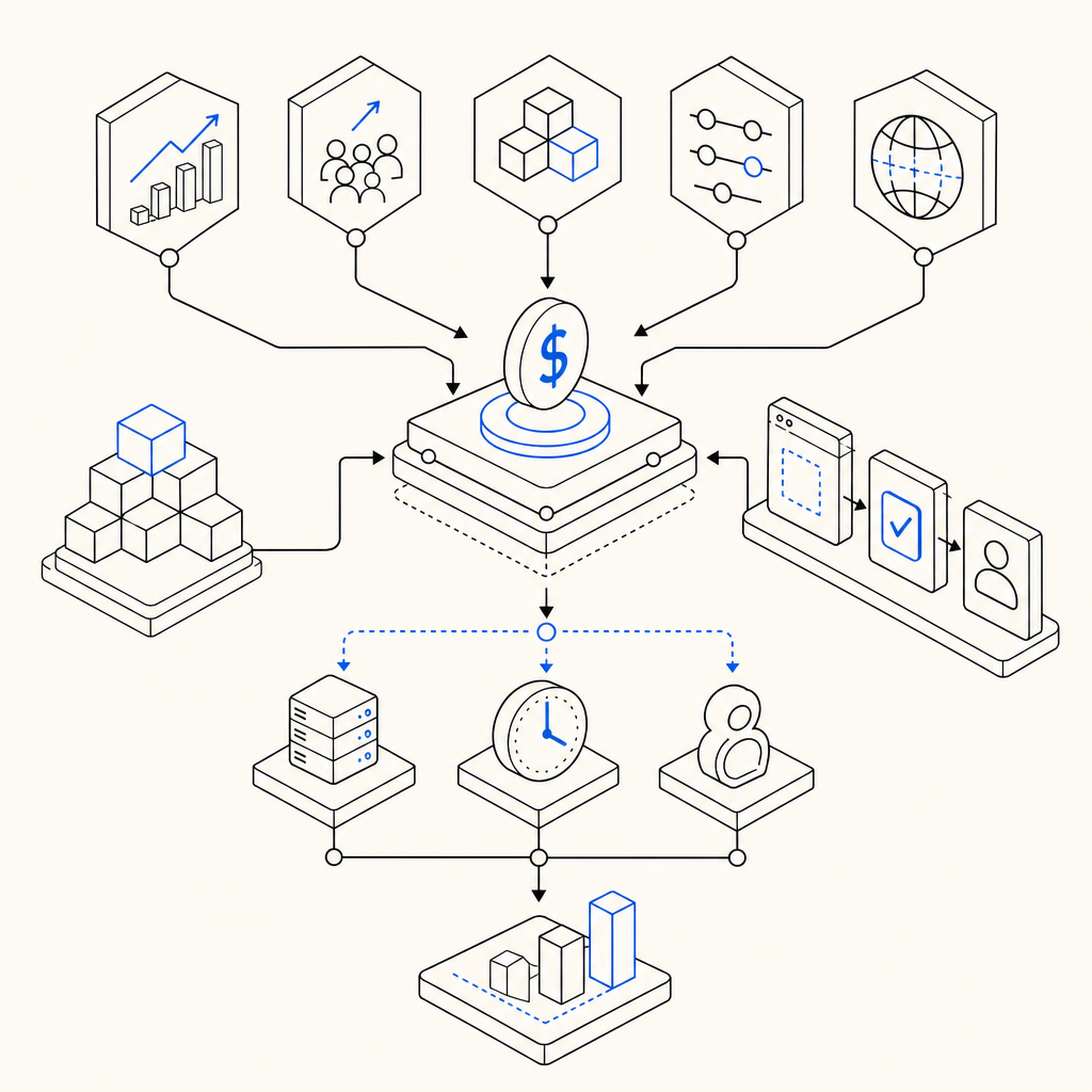 abstract conceptual diagram showing factors influencing captcha pricing