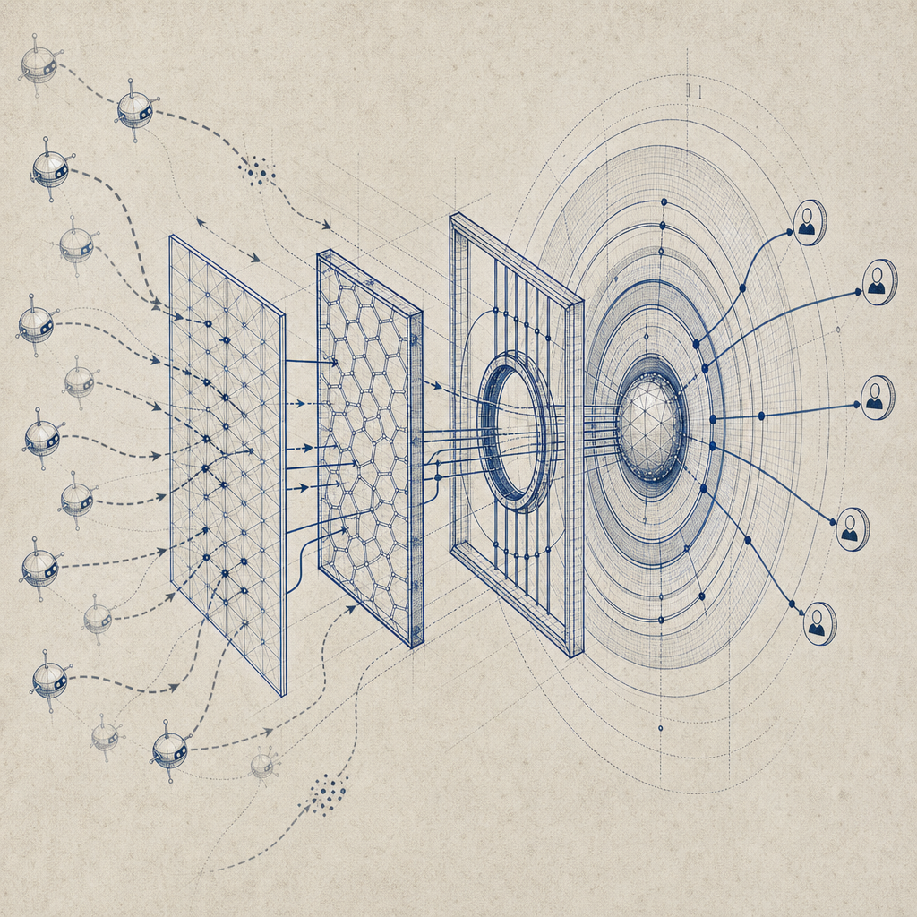 abstract illustration of bot-defense layers interacting on a network