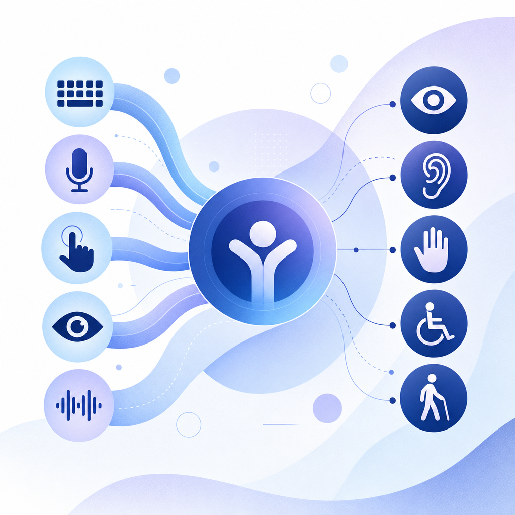 abstract diagram showing multiple input modalities and accessibility icons