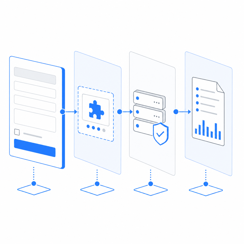 abstract layered architecture showing WordPress form, challenge widget, server v