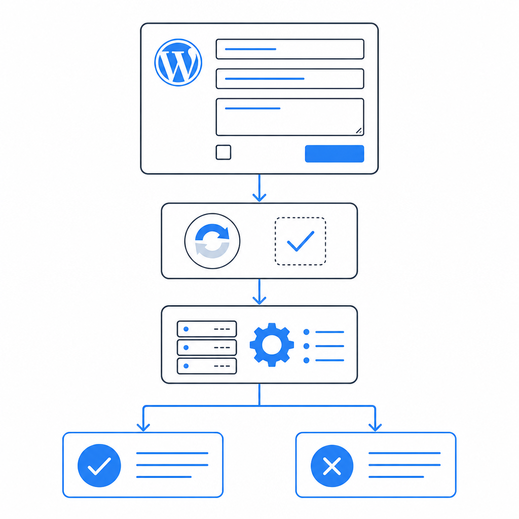 layered flow diagram showing WordPress form, captcha check, backend validation, 