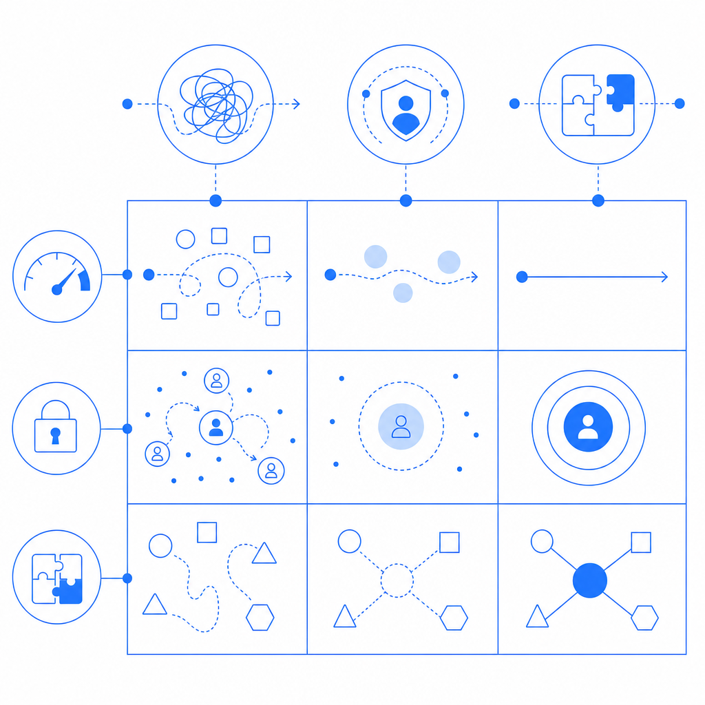 abstract comparison grid with friction, privacy, and integration axes