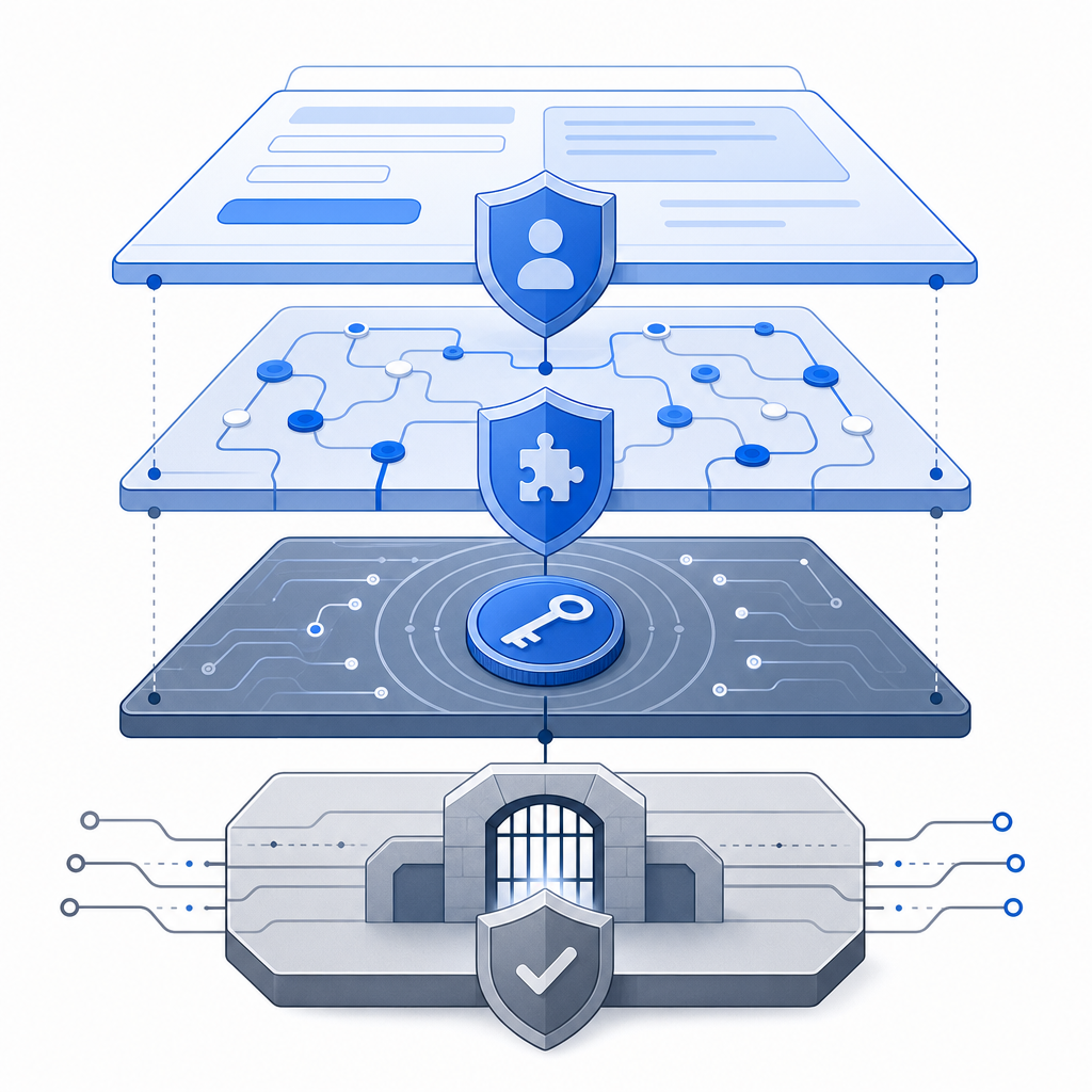 abstract layered defense diagram showing form, challenge layer, token, and valid
