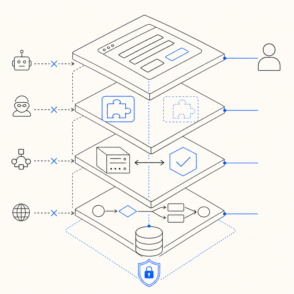 abstract layered defense diagram showing form, CAPTCHA token, validation API, an