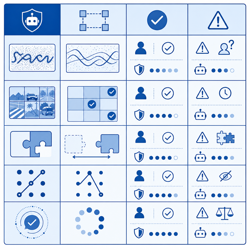 comparison table concept showing CAPTCHA options and pros/cons