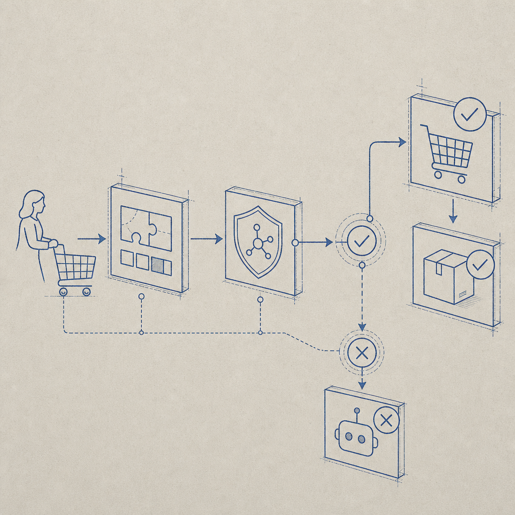 abstract flow diagram of shopper request, captcha challenge, token validation, a