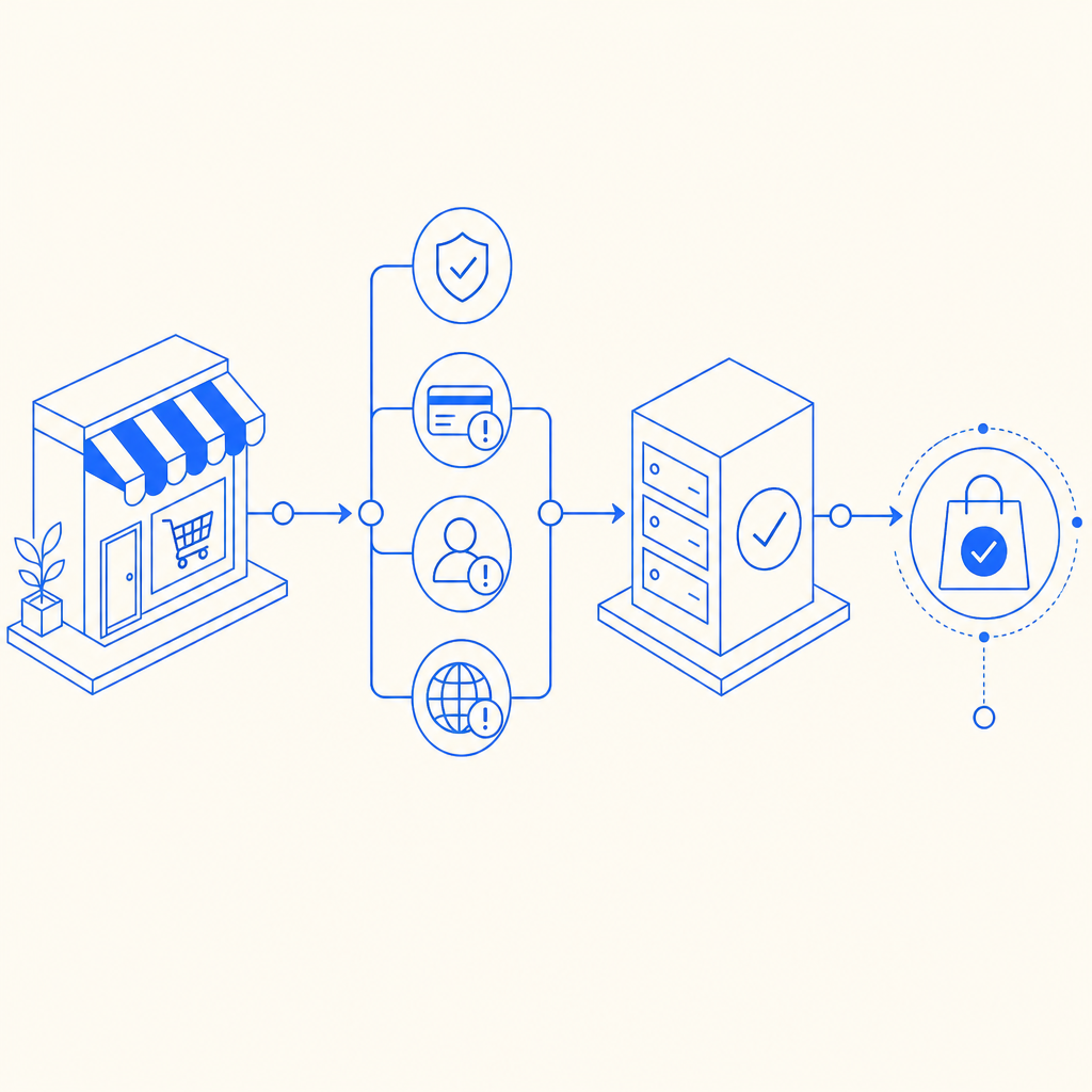 abstract flow diagram showing storefront, risk checks, server validation, and ch