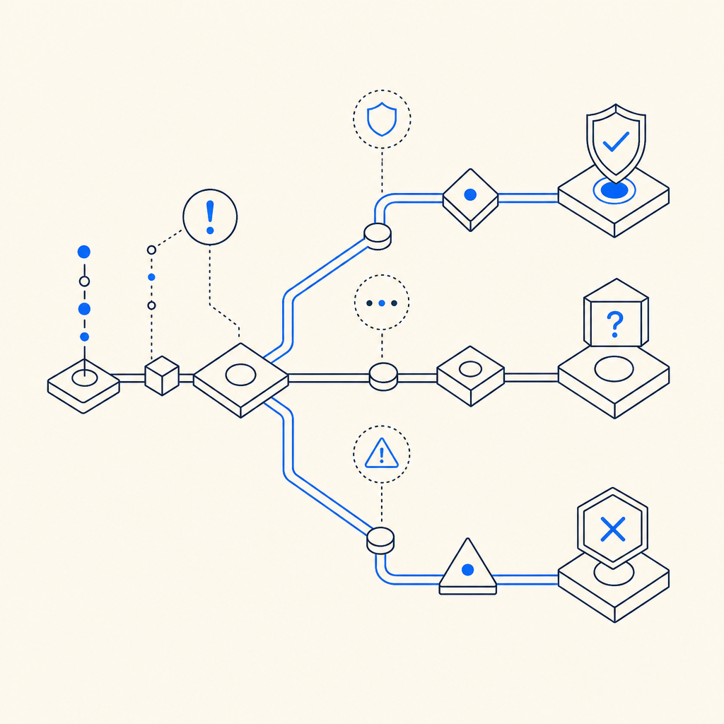 abstract decision tree showing allow, challenge, or block paths based on risk si