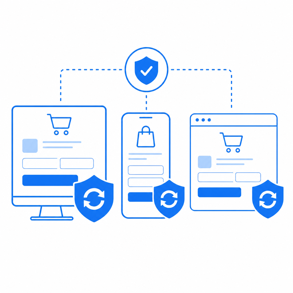 side-by-side icons of checkout page shielded by CAPTCHA with various platform lo