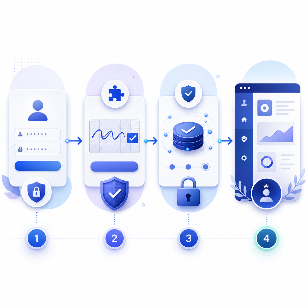 flow diagram of login request, captcha challenge, token validation, and successf