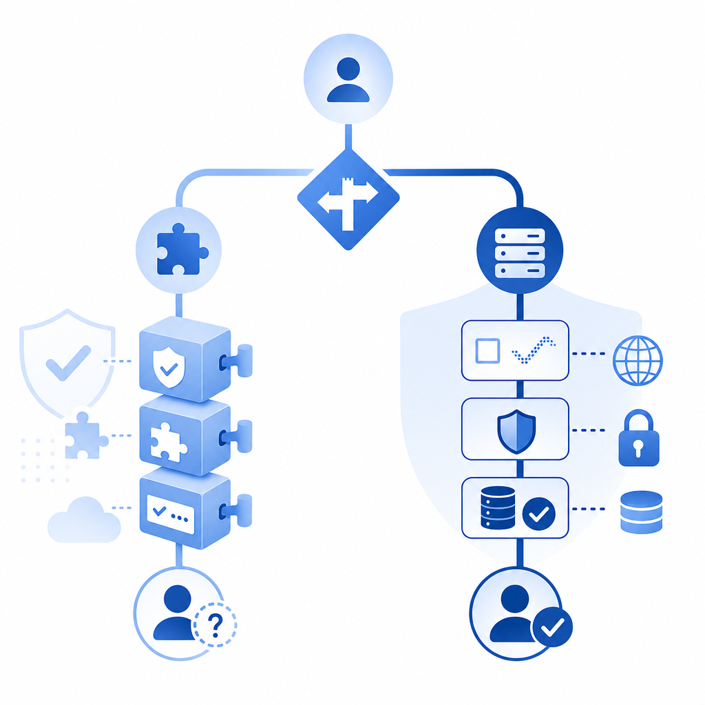 abstract decision tree showing plugin-based vs custom server-validated CAPTCHA i