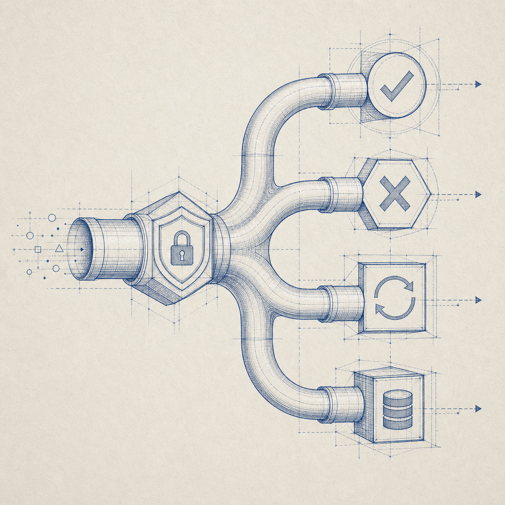 abstract security pipeline with branches for allow, deny, retry, and log