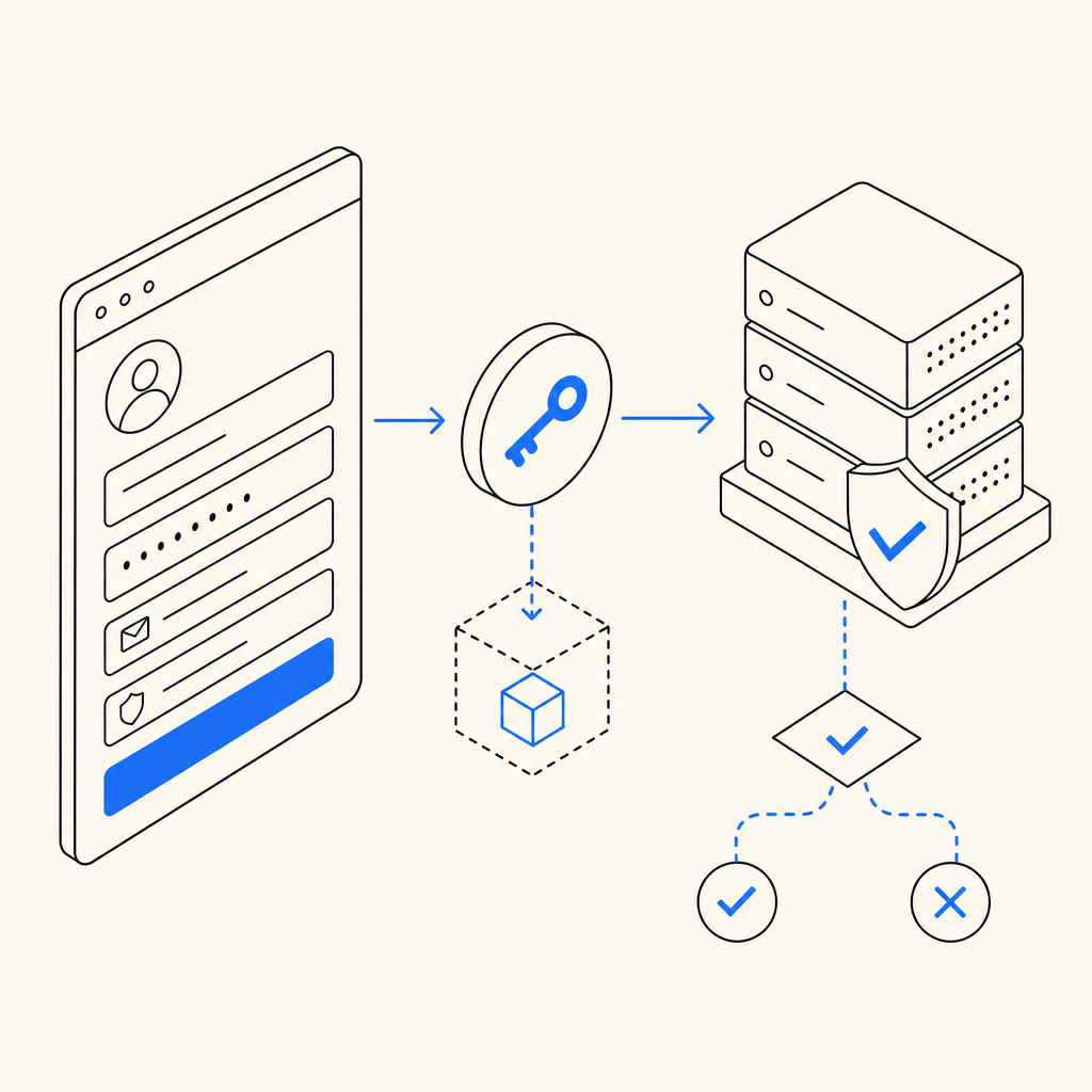 diagram of registration form, challenge token, and server verification flow