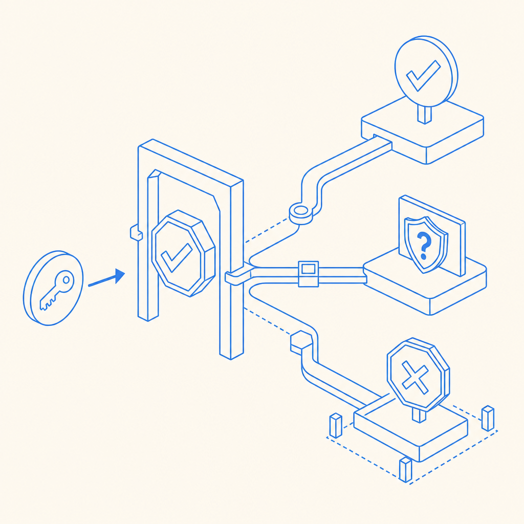 abstract flowchart of allow, challenge, and block paths with token validation
