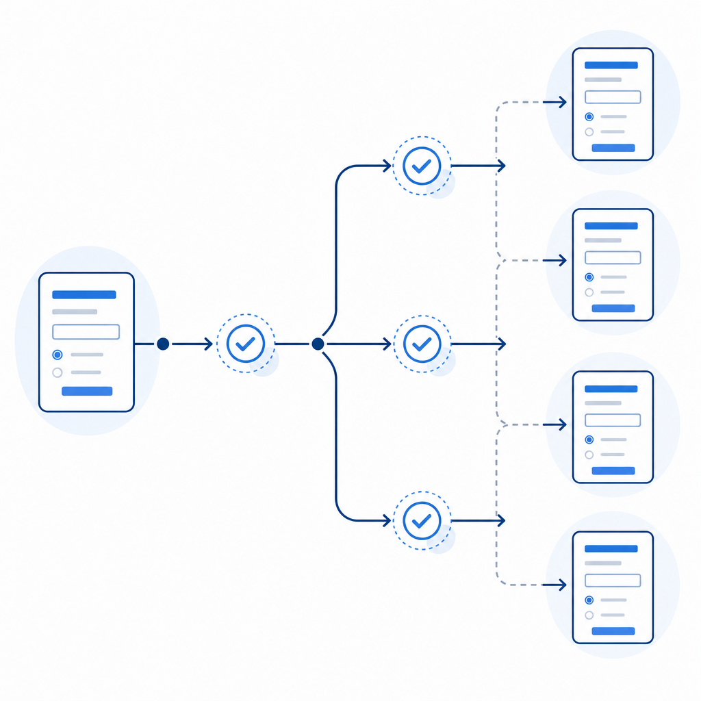 abstract flow chart showing progressive rollout from one form to multiple forms 