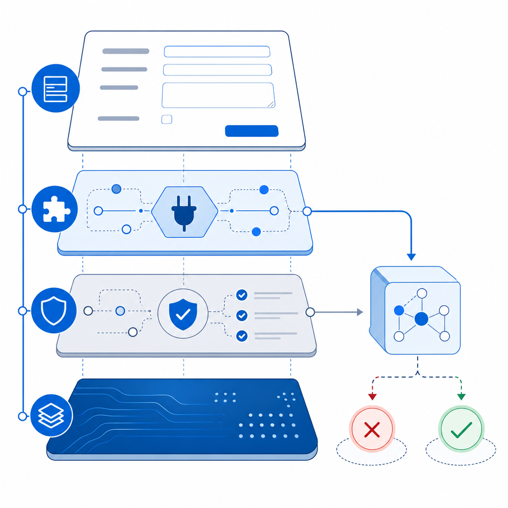 abstract layered diagram of WordPress form, plugin hook, validation API, and all