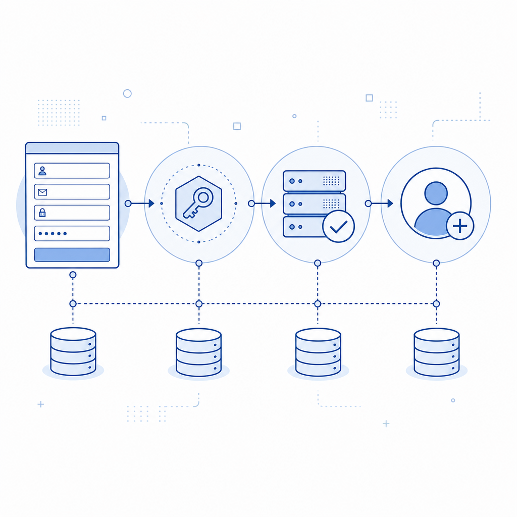 abstract flow diagram of registration form, token, server validation, and accoun