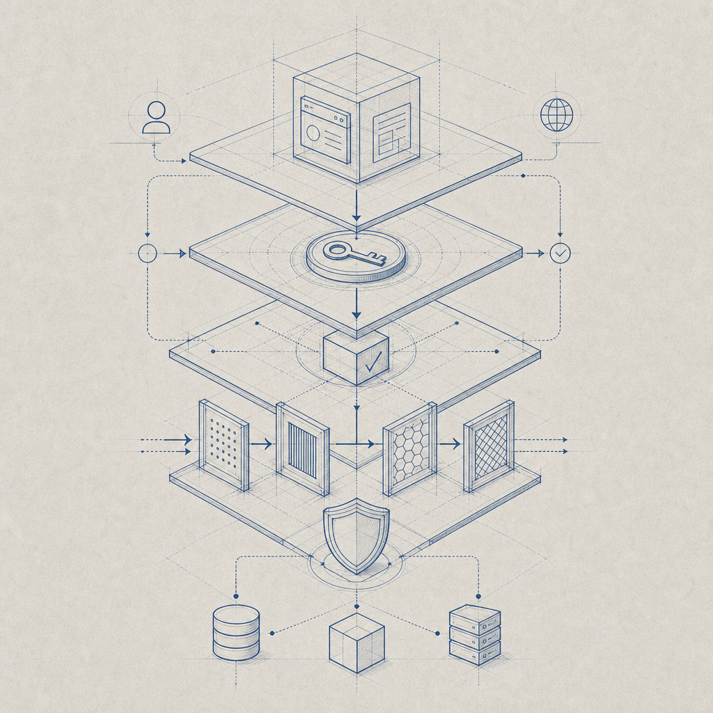 abstract layered security model showing app, token, validation, and policy gates