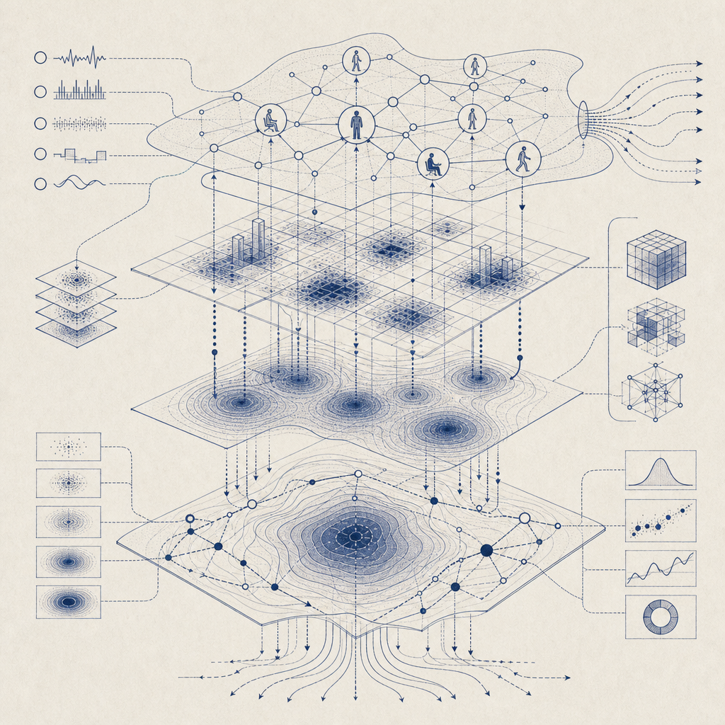abstract diagram showing behavioral analytics and risk scoring layers