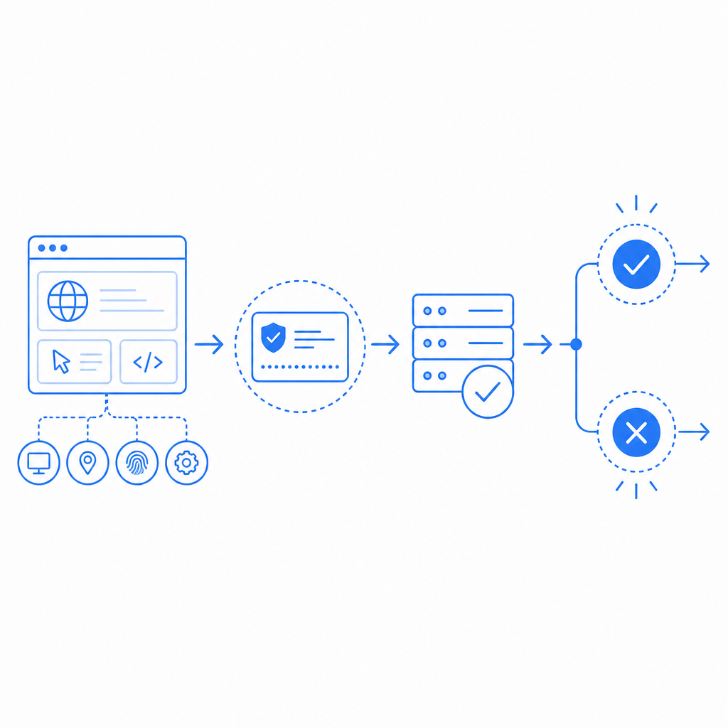 layered flow showing browser signals, token issuance, backend validation, and al