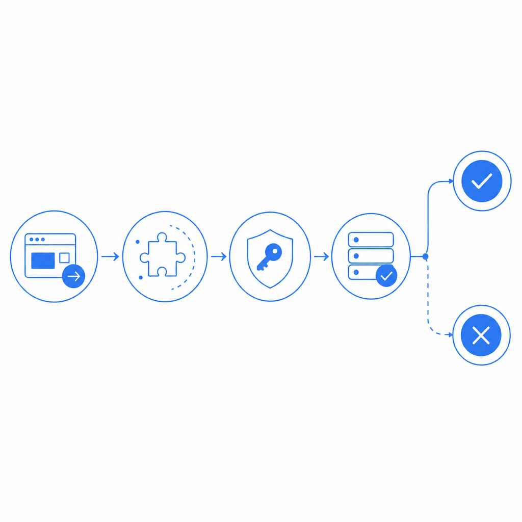 abstract flow diagram showing request, challenge, token, server validation, and 