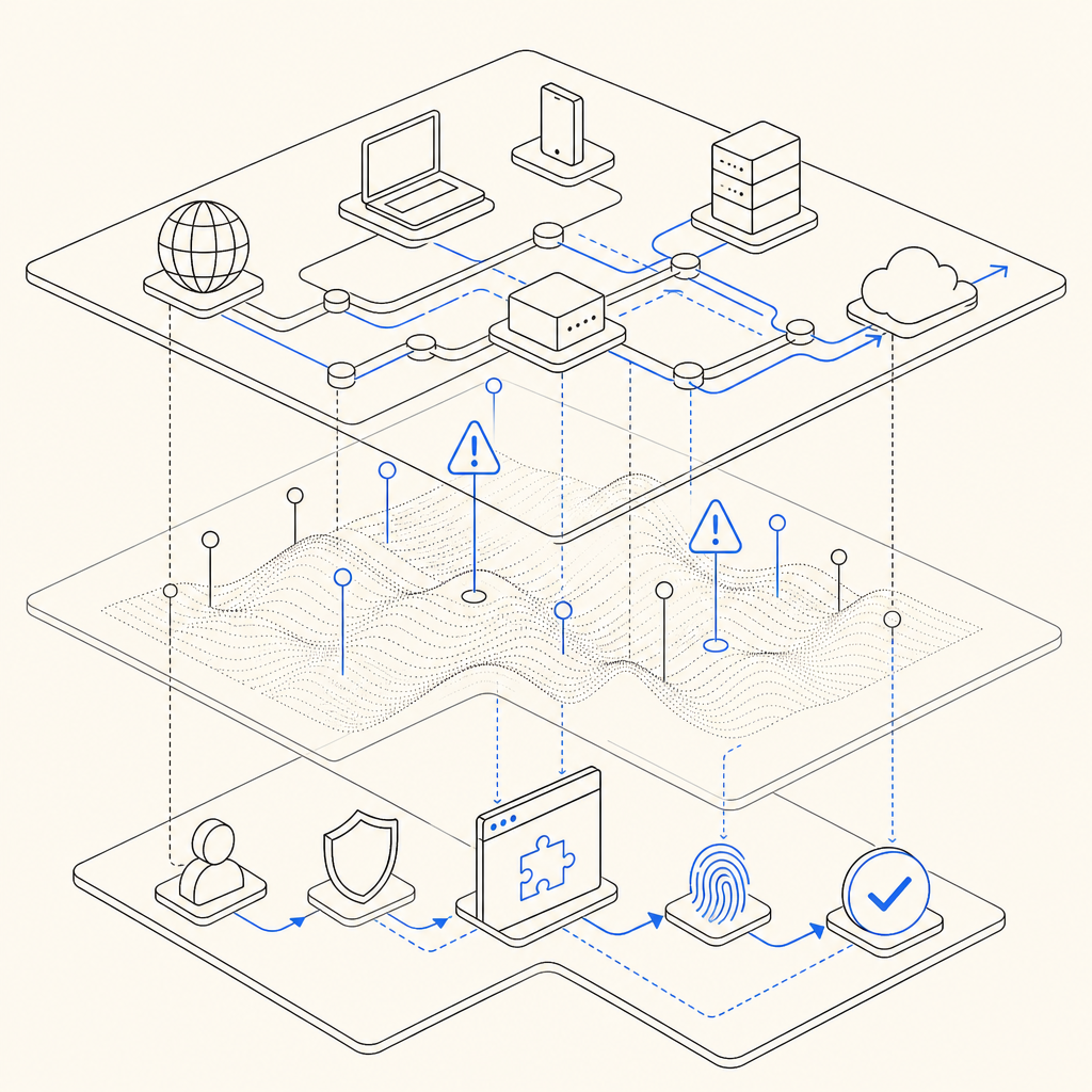 layered security concept showing traffic analysis, behavioral detection, and cha