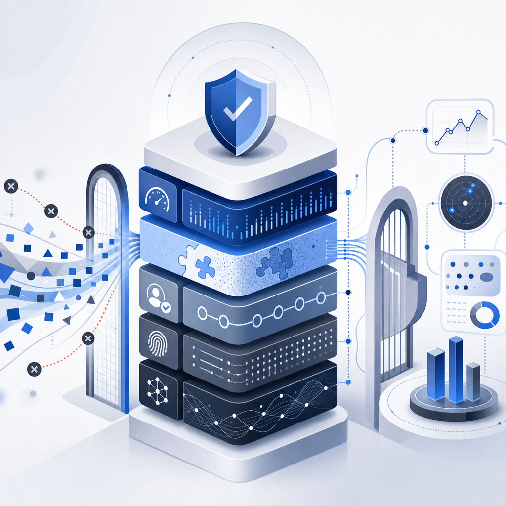 layered security stack showing captcha as one control among rate limits, checks,
