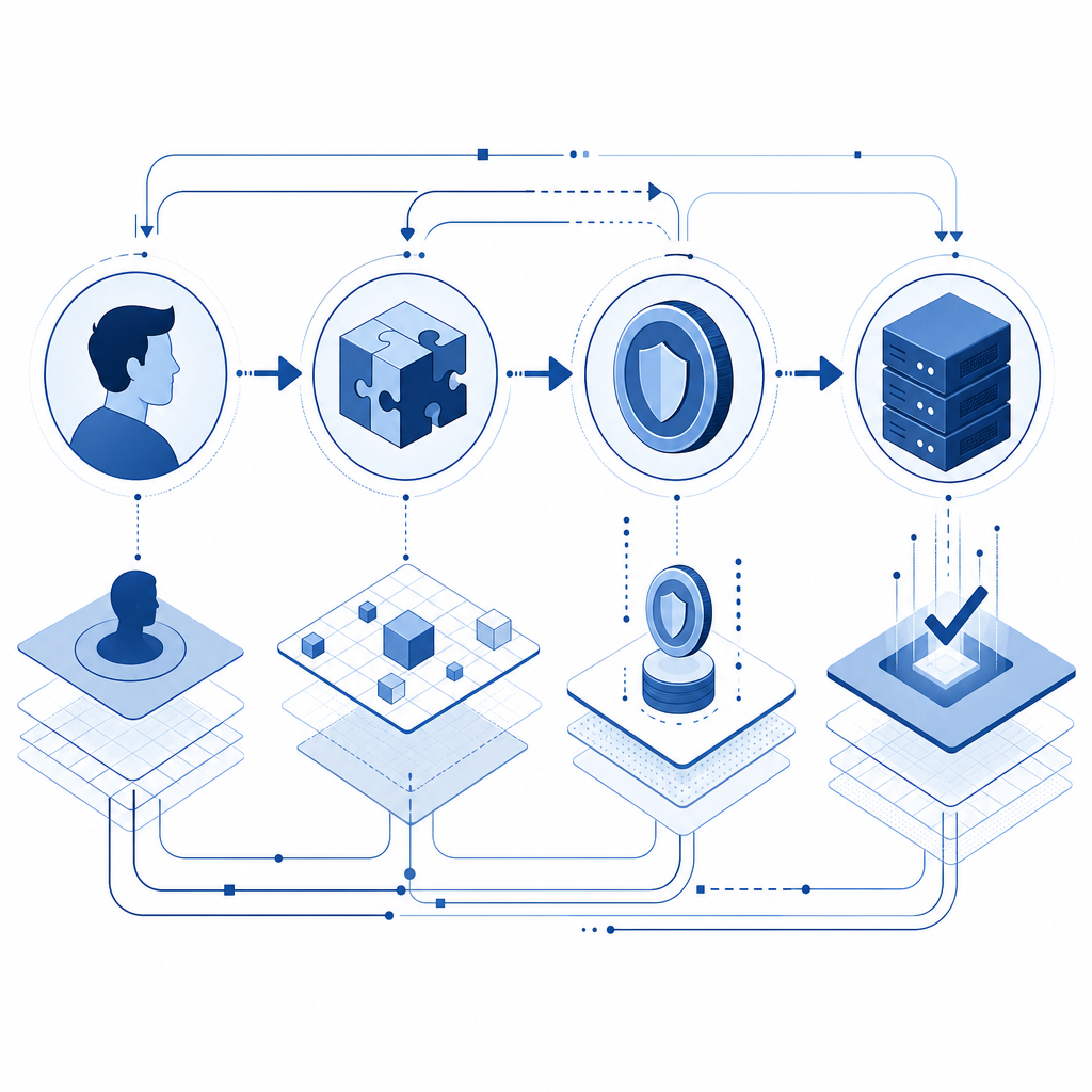 abstract flow showing user, challenge, token, and server validation pipeline