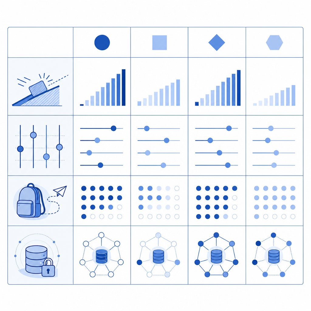 abstract comparison matrix with friction, control, portability, and data ownersh