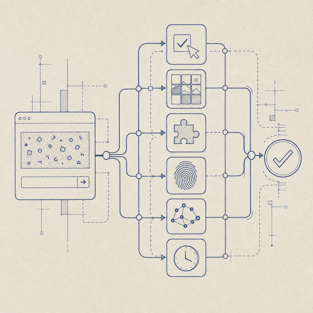 abstract diagram showing different CAPTCHA alternative options connected by data