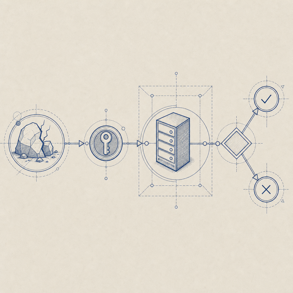 abstract flow showing client challenge, token issuance, server validation, and d
