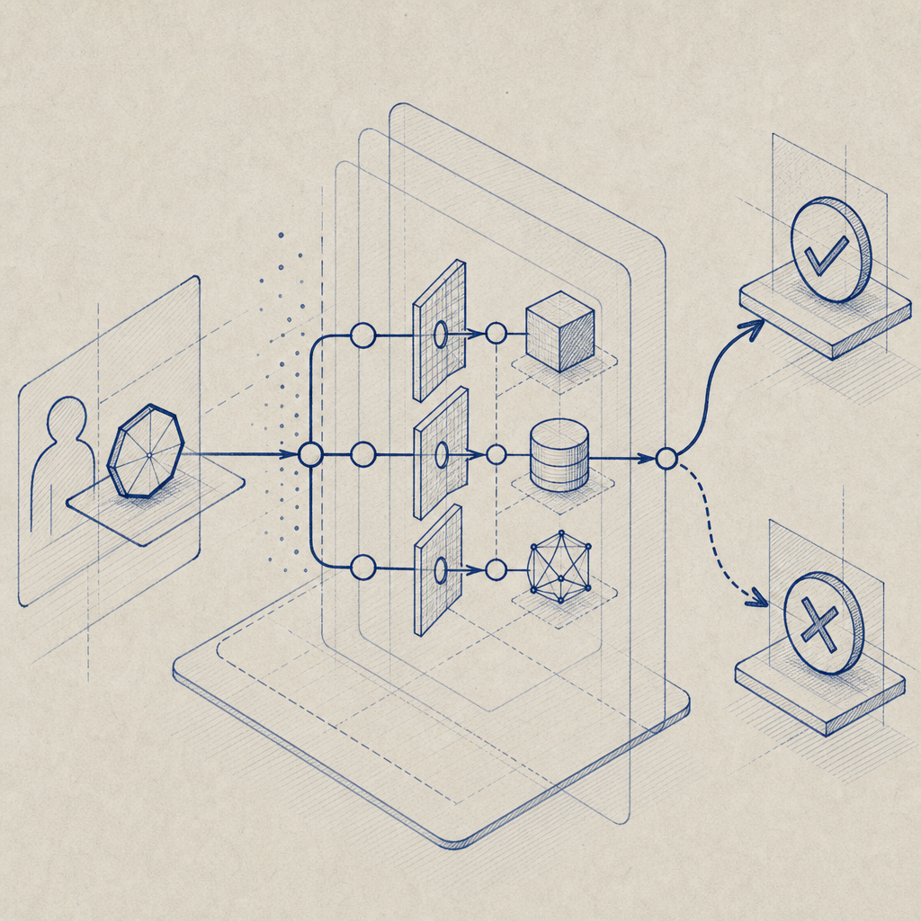 abstract layered diagram of client token, backend verification, and request allo