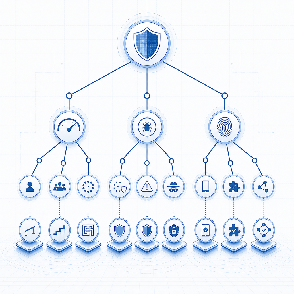 abstract decision tree of bot-defense options with nodes for friction, risk, and