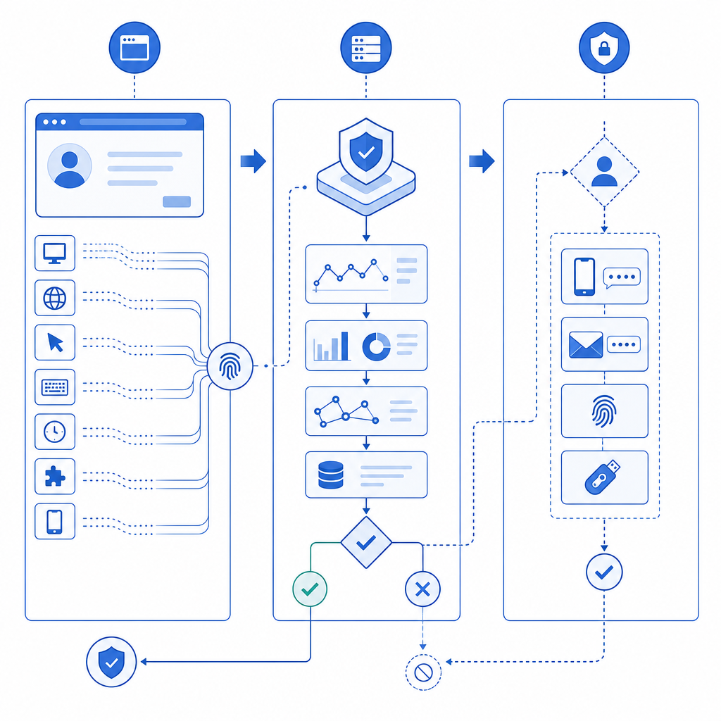 layered security flow showing browser signal collection, backend validation, and