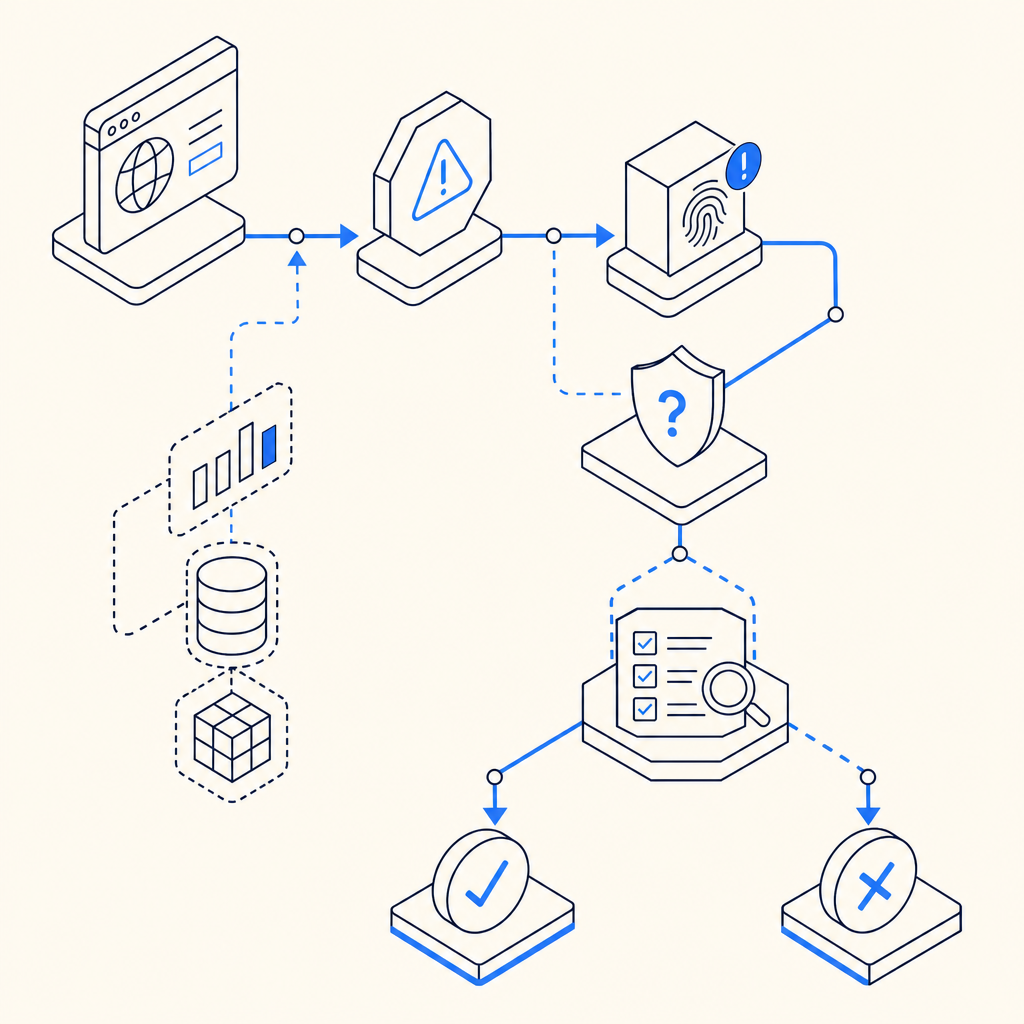 abstract flowchart of request, risk signal, challenge, validation, and allow/blo