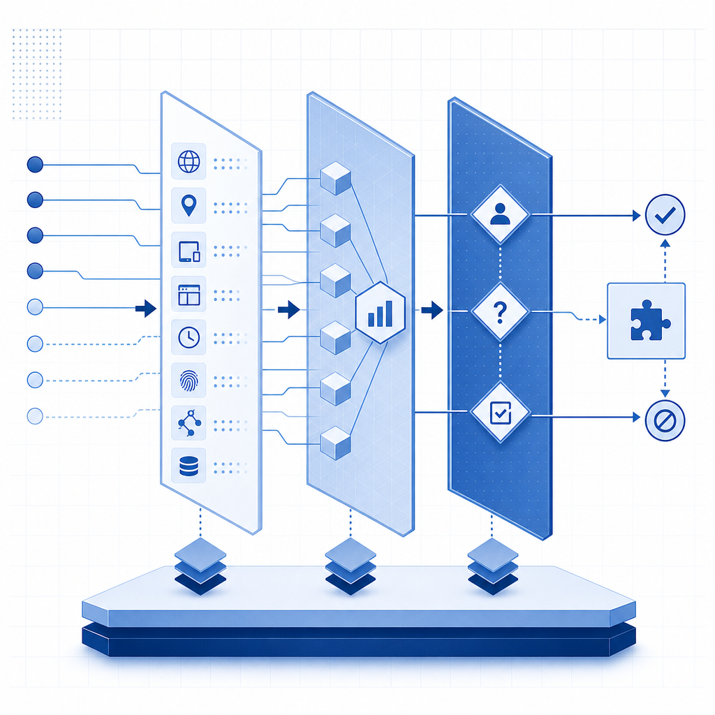 abstract layered defense stack showing requests filtered by signals, scoring, an