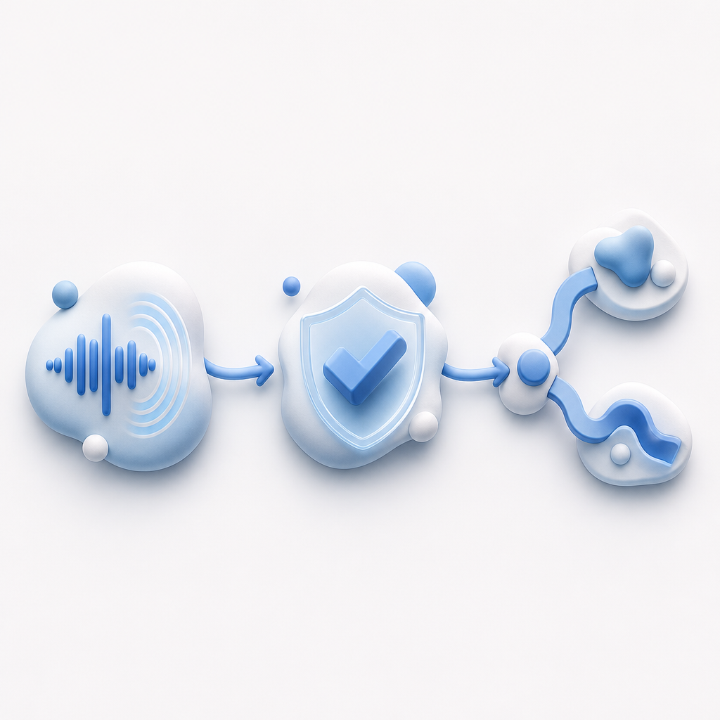abstract flow diagram showing audio challenge, validation step, and fallback pat