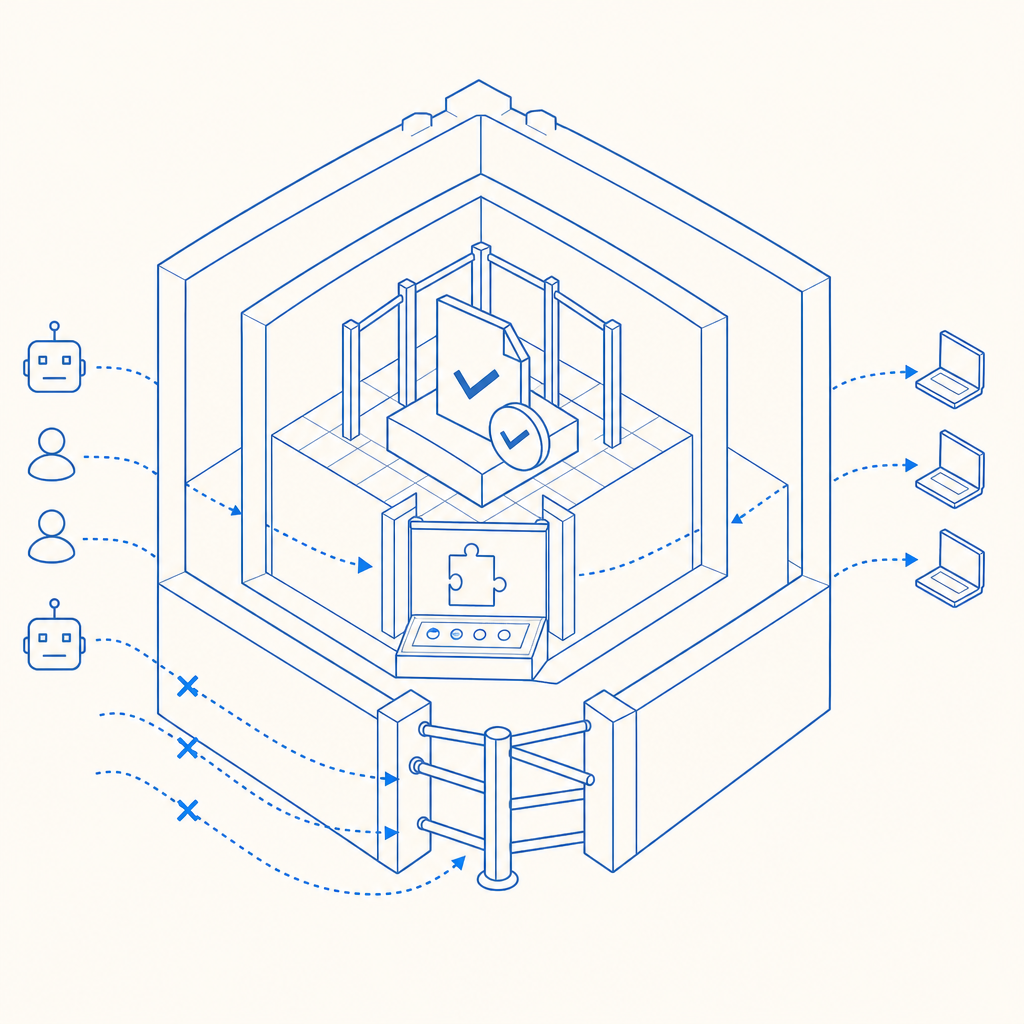 layered defense stack showing rate limits, challenge, and validation