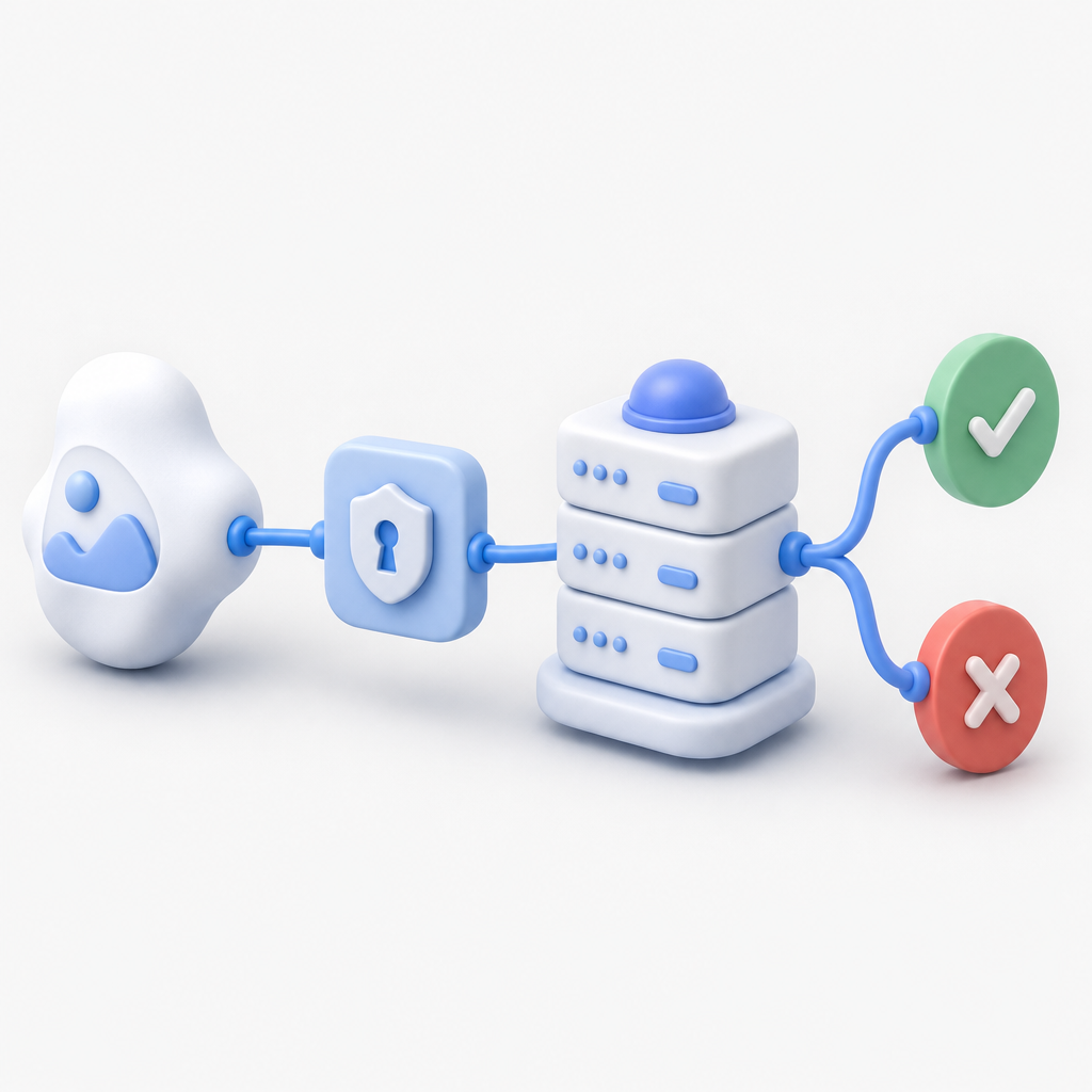 abstract flow diagram showing client challenge, token, backend validation, and a