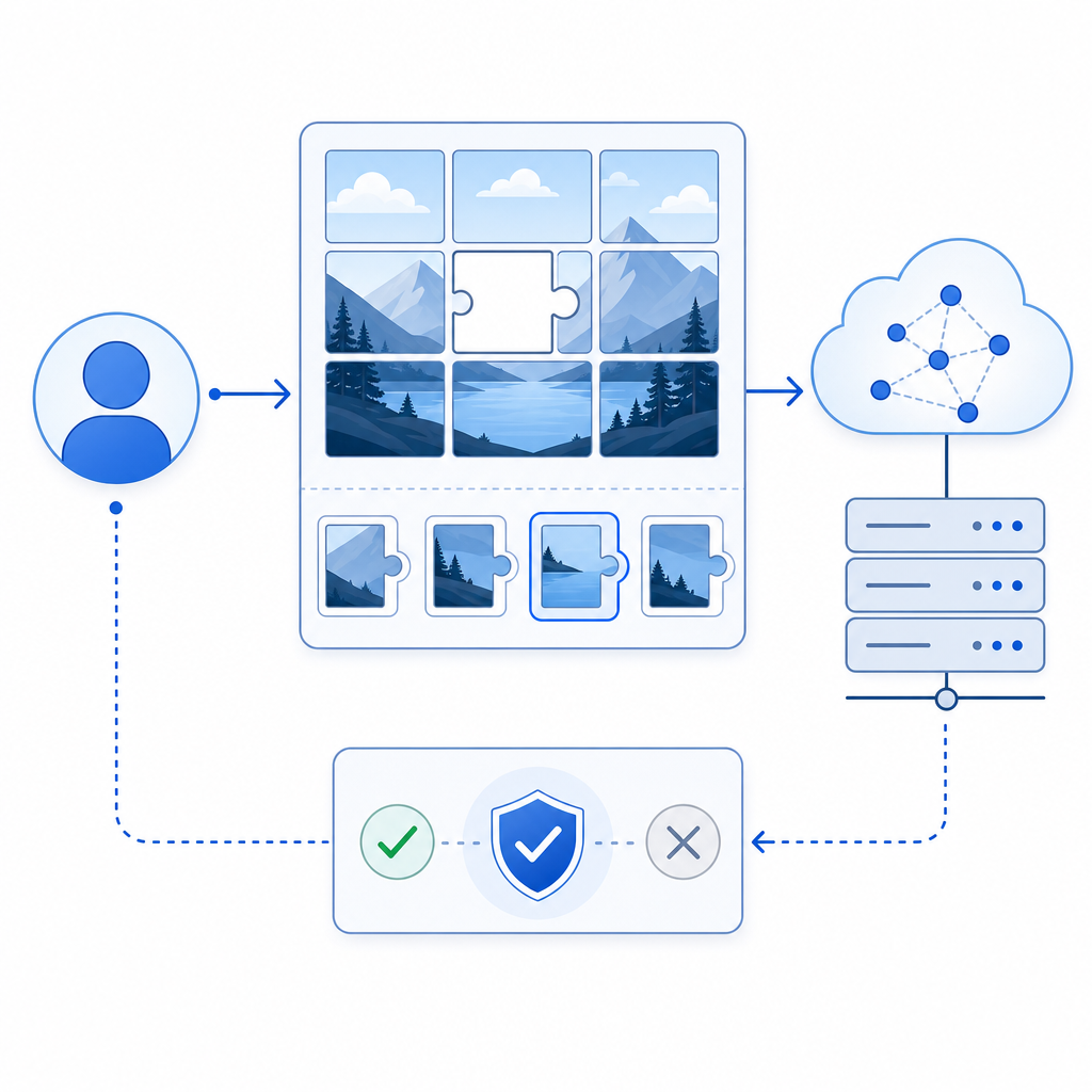 abstract schematic of puzzle CAPTCHA workflow with user, images, and server