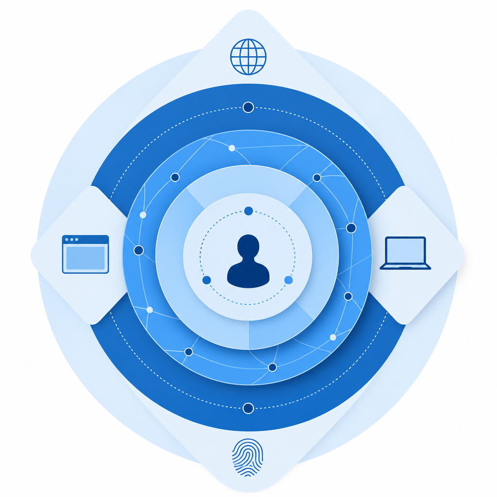 layered device-signal diagram with browser, OS, network, and behavior rings