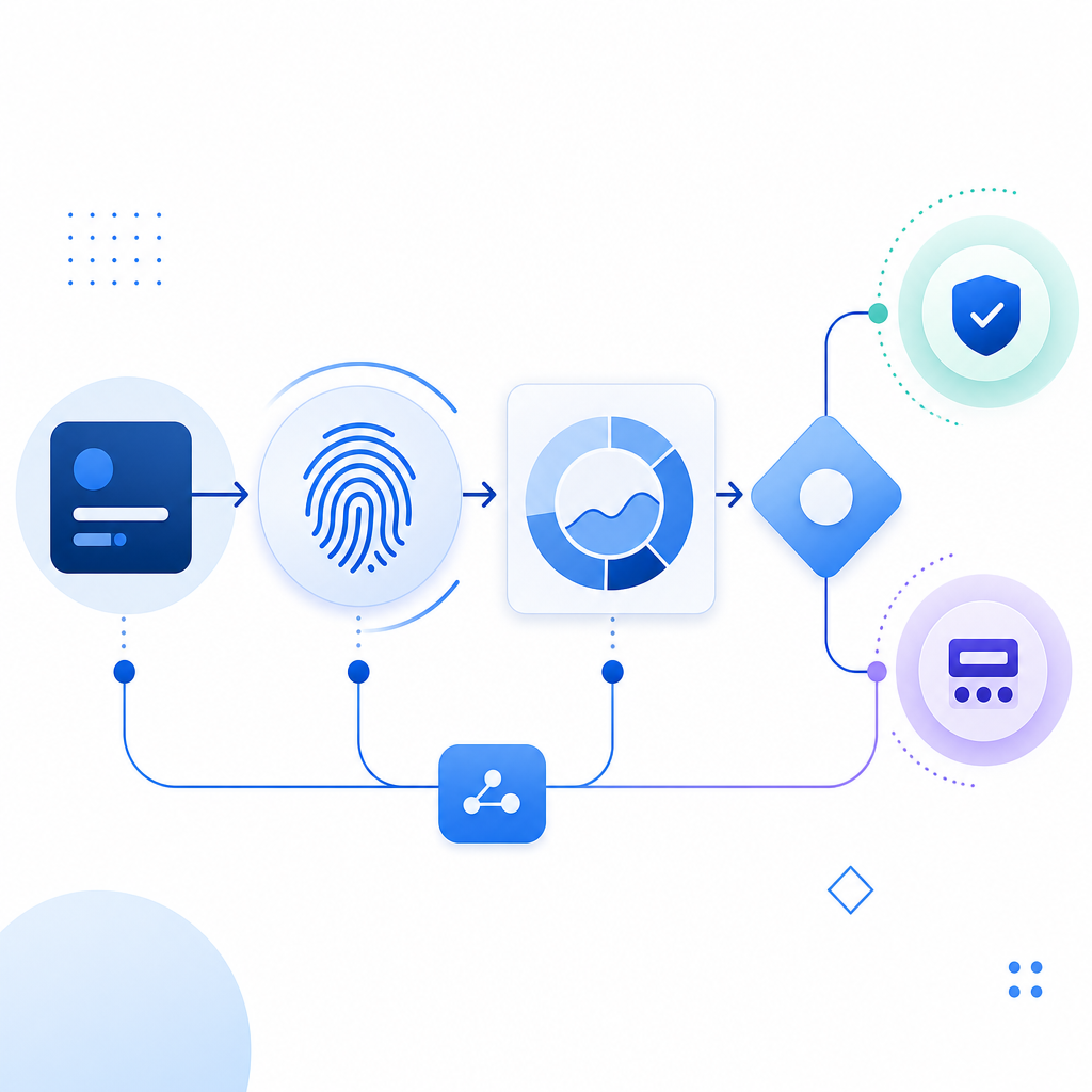 abstract flowchart showing request, fingerprint, risk scoring, and challenge dec
