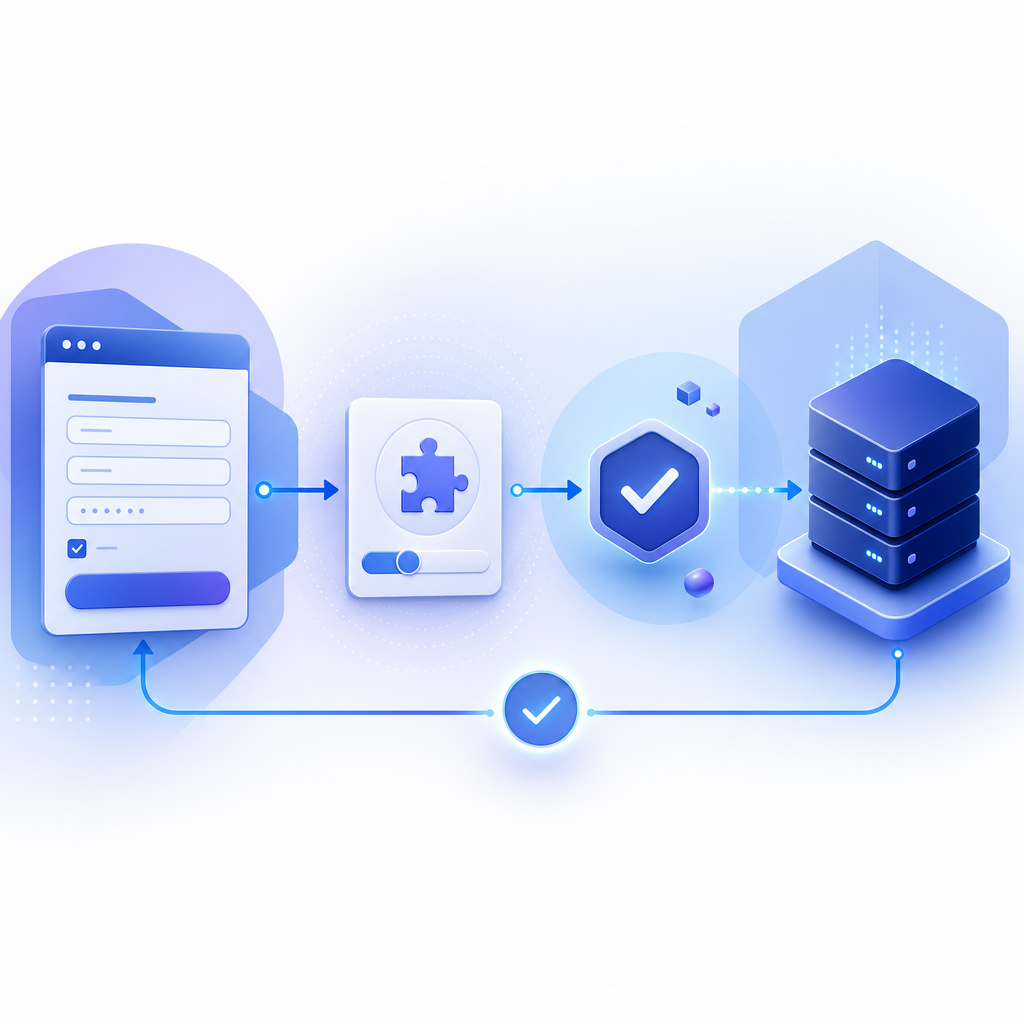 abstract flow diagram of Angular form, challenge widget, pass token, and server 