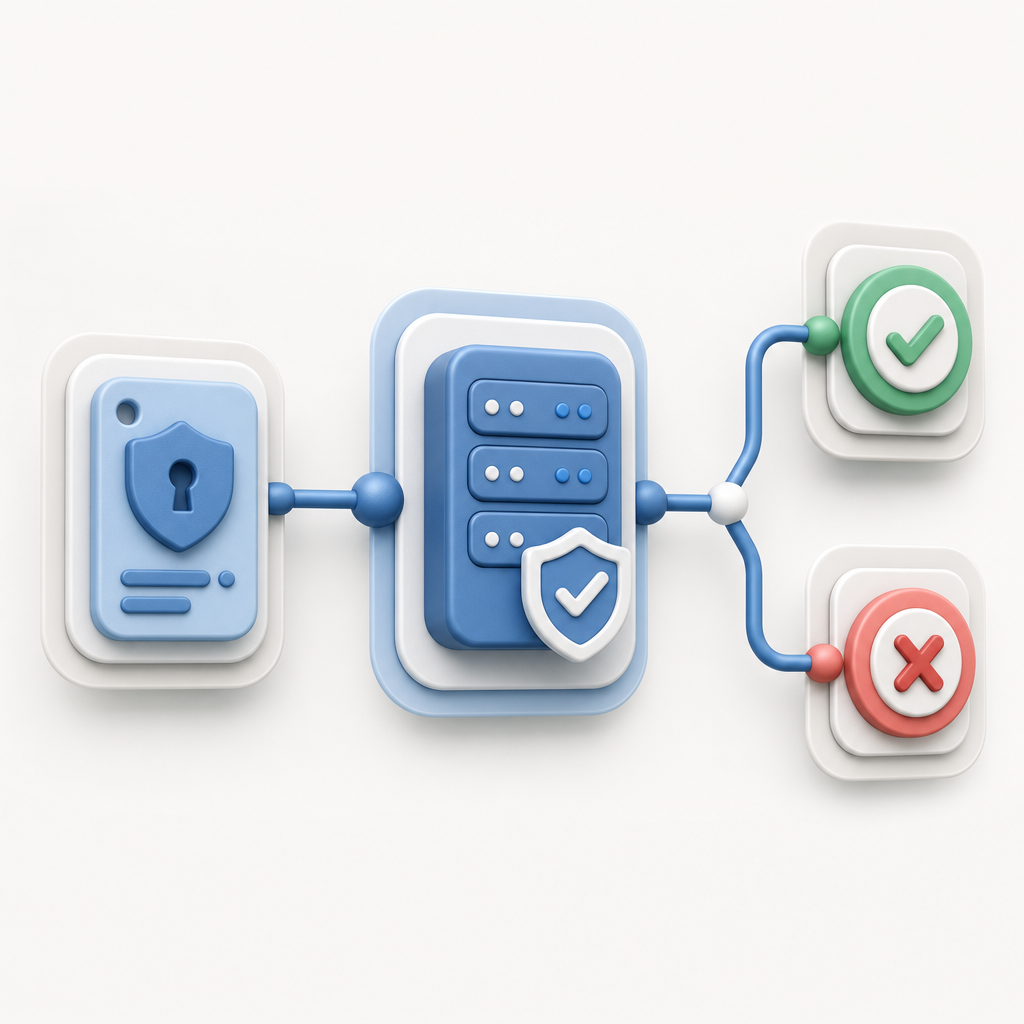layered security diagram showing client token, server validation, and decision b