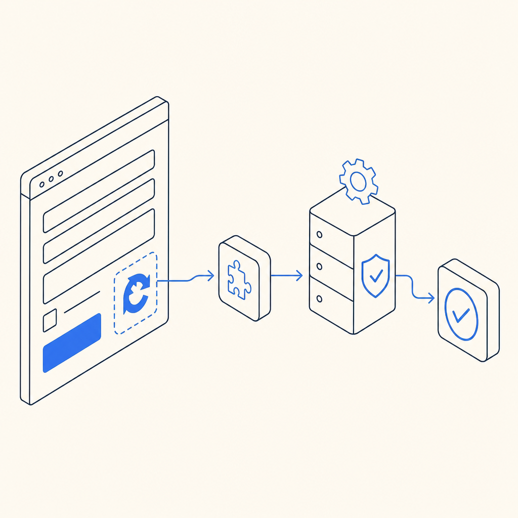 abstract flow diagram of Angular form, captcha token, backend validation, and ap