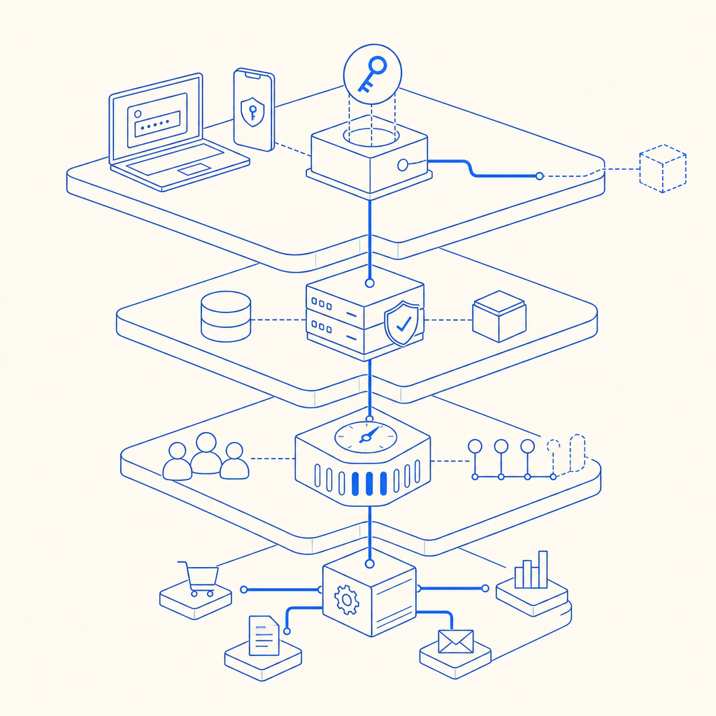 abstract layered stack showing client token capture, server validation, rate lim