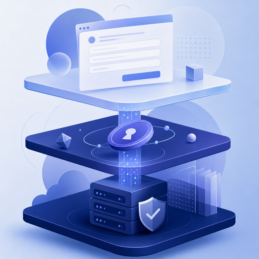 abstract layered architecture showing client form, token exchange, and server va