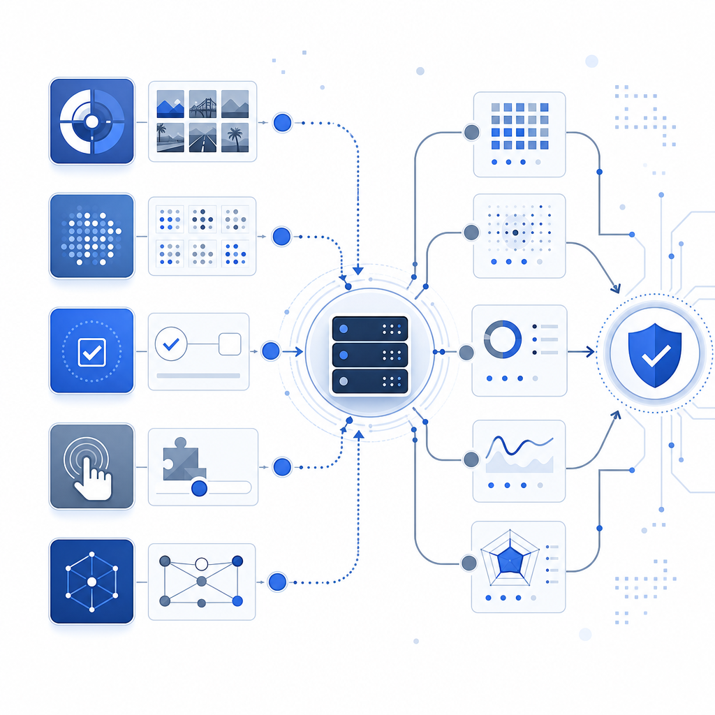 abstract comparison matrix of CAPTCHA providers with arrows toward server valida