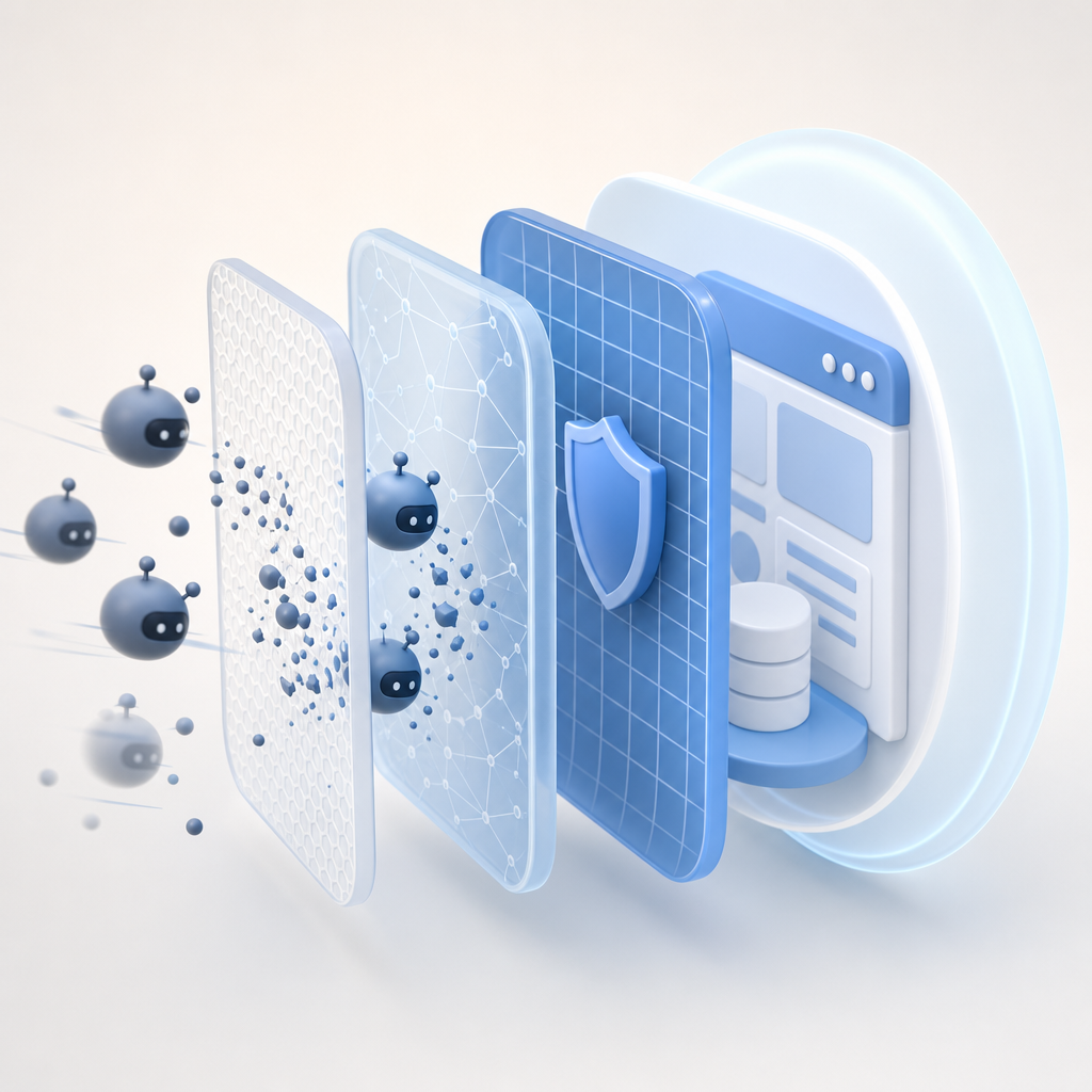 conceptual illustration of layered bot defense mechanisms in web apps