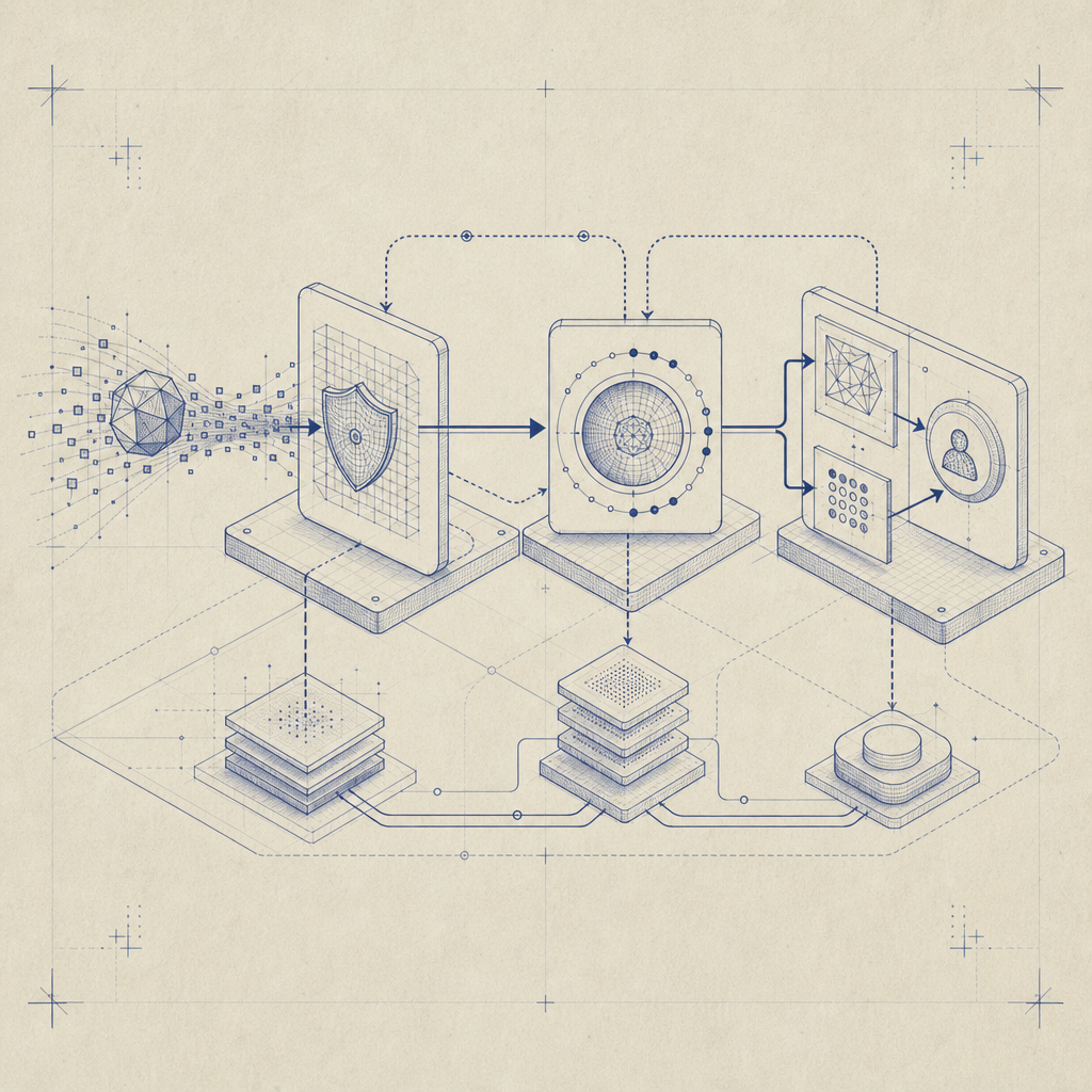 layered defense schematic with client token, validation endpoint, risk score, an